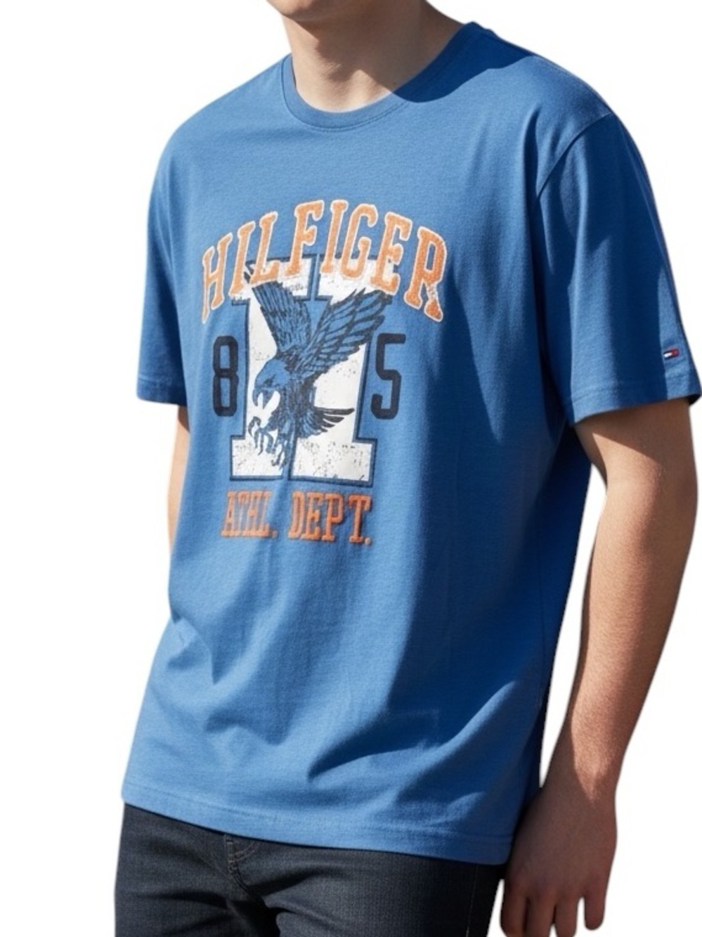 Tommy Hilfiger Menβs Retro 'Hilfiger Athl. Dept.' 3D Graphic T-Shirt Blue L